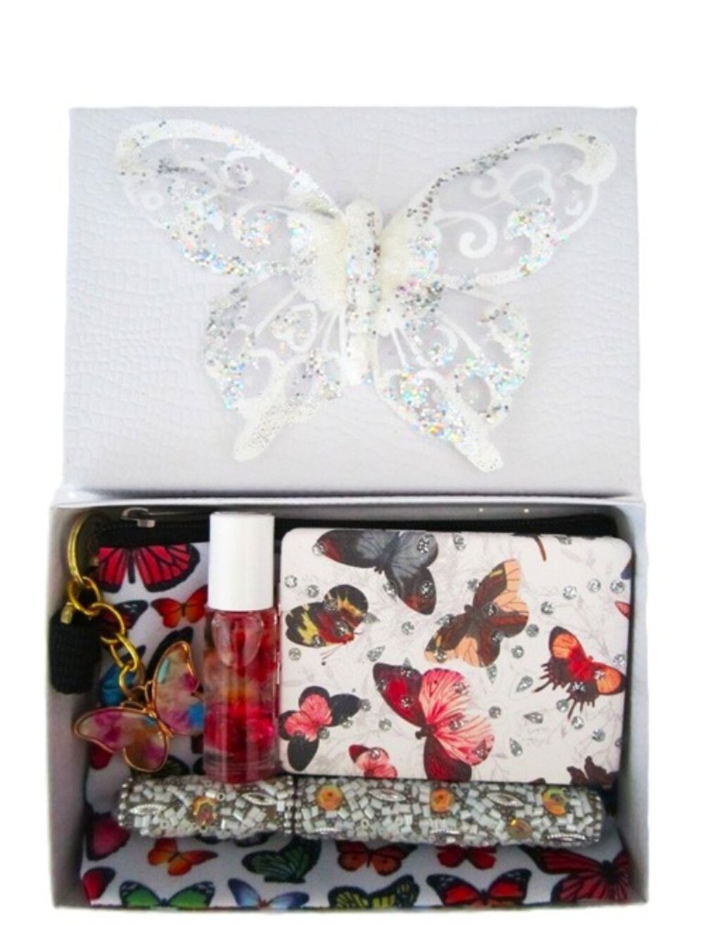 Purse Set Butterflies Card Holder, Keychain, Mirror, Ink Pen & Rose Oil NEW